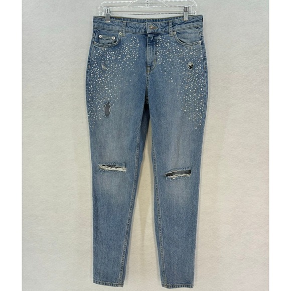 H&M Divided Rhinestone Embellished Distressed Ripped Mom Jeans Light Wash - Picture 1 of 9